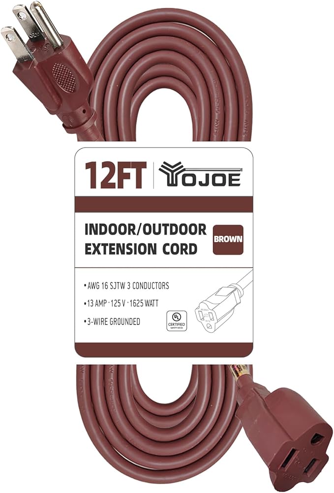 YOJOE Indoor Outdoor Extension Cord, 3 Prong 13A Weatherproof Power Cord, 16 Gauge Heavy Duty 12 ft Brown Extension Cord for Garage, Garden and Home, 16/3 SJTW UL Listed