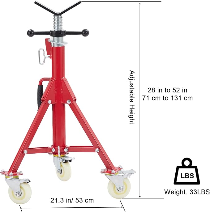 Towallmark V-Head Pipe Jack Stand with Casters, 28-52 Inch Adjustable Height,1/8"-12" Capacity, 2500 lb Load Capacity,Heavy Duty Carbon Steel Body, Steel Jack Stands with Portable Folding Legs