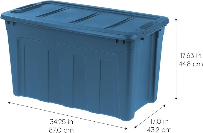 IRIS USA 31 Gallon Eco-Friendly Heavy Duty Storage Totes with Easy-Grip Handles, 4 Pack - Large Bins with Lids Garage Organizing Tubs, Durable Stackable Utility Containers, Made in USA - Navy