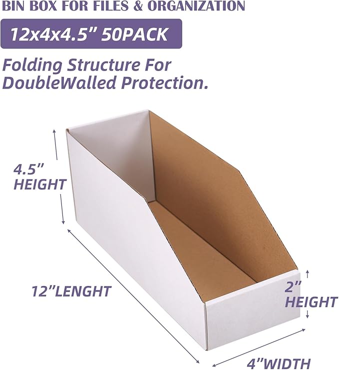 EXYGLO Cardboard Storage Bins 50 Pack, 12x4x4.5 Inch Cardboard Boxes, Corrugated Organizer Bins for Pantry, Shelves, Garage, Office, Shop, White