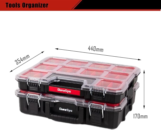 Tools Organizer, Small Parts Storage Toolbox, 2 Pcs (1+1) Durable Hardware Deep Box Storage, 17.3 * 14 * 6.7" with Removable Inner Cups
