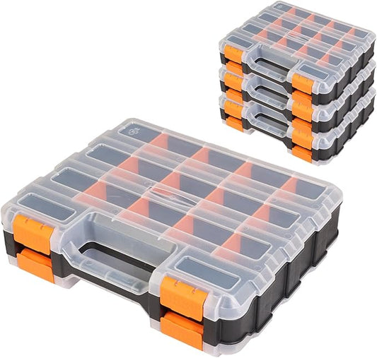Generic Tool Box with Transparent Lid, Double Side 34-Compartments Organizer Box with Removable Dividers for Hardware, Screws, Bolts, Nails, Beads, Jewelry and Fishing Accessories, Orange, 4 Packs