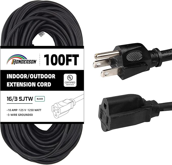 100FT Outdoor Extension Cord-16/3 SJTW Durable Black Extension Cable with 3 Prong Grounded Plug for Safety,Great for Outside Christmas Decorations
