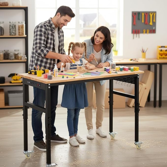 48" Adjustable Workbench with Power Outlet, 8-Levels Height Adjustable Work Table, Rubber Wood Heavy Duty Workbenches with Wheels & Pegboard for Garage Office Workshop Home Commercial