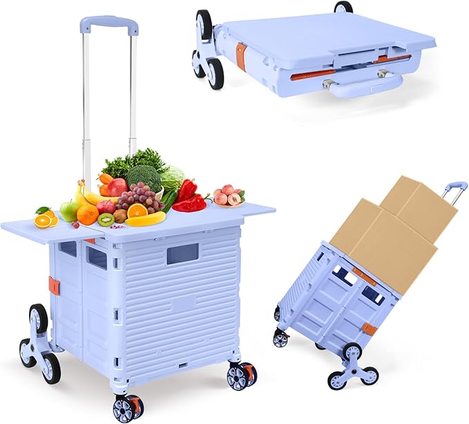 Foldable Utility Cart Folding Portable Rolling Crate with Magnetic Extended Lid,360°Rotate Wheels,176LBS Load Capacity,Heavy Duty Durable Dolly Cart(Blue)