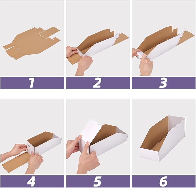 EXYGLO Cardboard Storage Bins 50 Pack, 12x4x4.5 Inch Cardboard Boxes, Corrugated Organizer Bins for Pantry, Shelves, Garage, Office, Shop, White