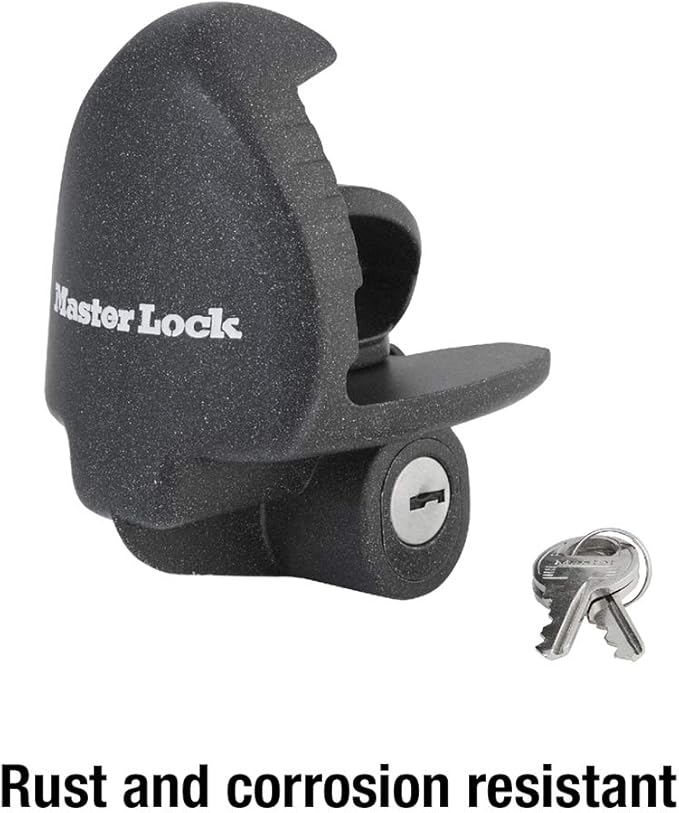 Master Lock Black Universal Size Trailer Hitch Lock, Trailer Coupler Lock for Securing RV’s, Horse Trailers, Tool Trailers and More, 379ATPY