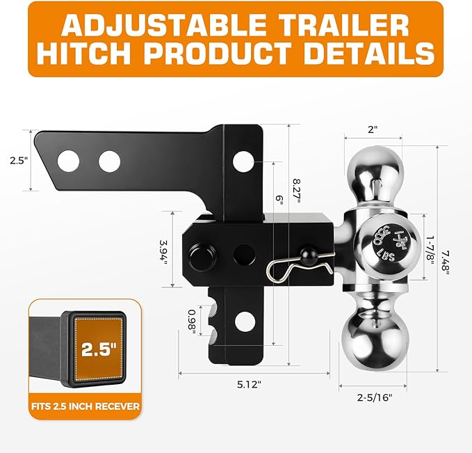 Kingfun Adjustable Trailer Hitch - Drop Hitch 2.5 Inch Receiver, 6 Inch Drop/Rise Tow Hitch, Tri Ball (1-7/8" & 2" & 2-5/16" Balls), 18500 Lbs Gtw, Aluminum Heavy Duty Hitch with Anti-Theft Pins