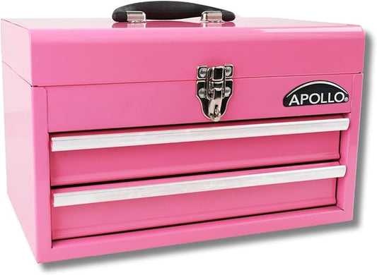 Apollo Tools 14 Inch Steel Tool Box with Deep Top Compartment and 2 Drawers in Heavy-Duty Steel With Ball Bearing Opening and Powder Coated Finish - Pink Ribbon - Pink - DT5010P