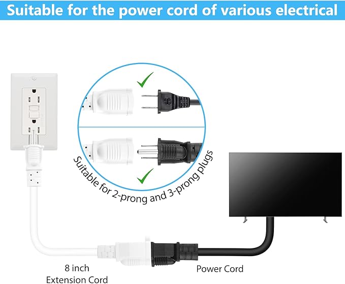 K KASONIC - 8 Inch Short Power Extension Cord Outlet Saver, ETL Listed, SJTW 16AWG/13A 3 Prong Indoor/Outdoor Use, 4 Pack, White