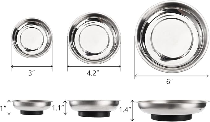 Hedume 6-Piece Magnet Trays Set, 3" 4" 6" Round Magnetic Parts Tray, Stainless Steel Magnetic Trays Tools Parts Tray Holder for Socket Screw, Nuts, Bolts, Metal Parts