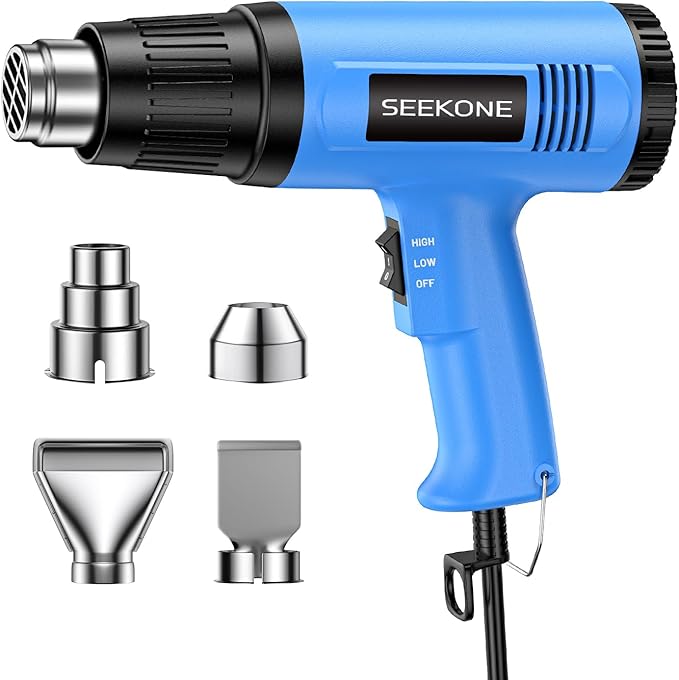 SEEKONE Heat Gun, 1800W Heavy Duty Hot Air Gun Kit Dual-temperature Setting 572℉&1112℉, Hot Heat Gun with Overheat Protection, 4 Nozzles Included, for Shrinking PVC, Stripping Paint, Crafts (5.2ft)
