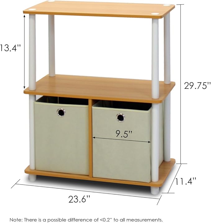 Furinno 99152BE/WH/IV 3-Tier Go Green Multipurpose Storage Rack Shelving Unit Bookshelf Cabinet with 2 Bins, Beech Finish