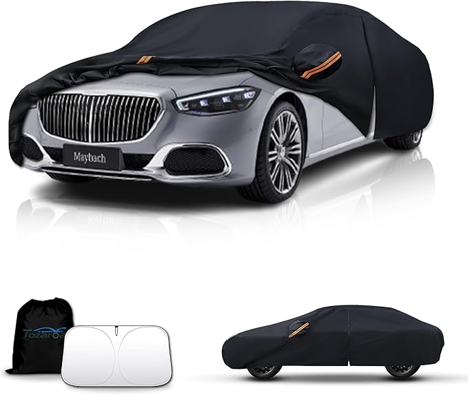 Waterproof Car Cover All-Weather, Heavy-Duty Outdoor Full Exterior Automobiles Snow Cover for Sedan 209-218 inch with Sun Visor,Zippered & Storage Bag - Black