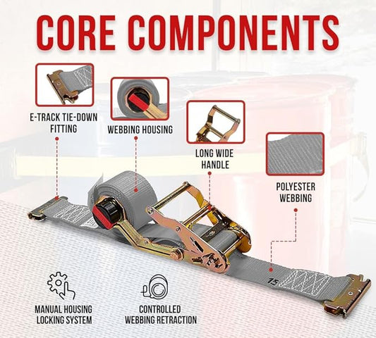 Mytee Products 4 Pk 2'' x 16' Rocker Winder Ratchet Straps for E-Track - Tie Down Straps with 4,500 lbs BS - Self Ratcheting Strap for Boat, Jet Ski, ATVs - Gray