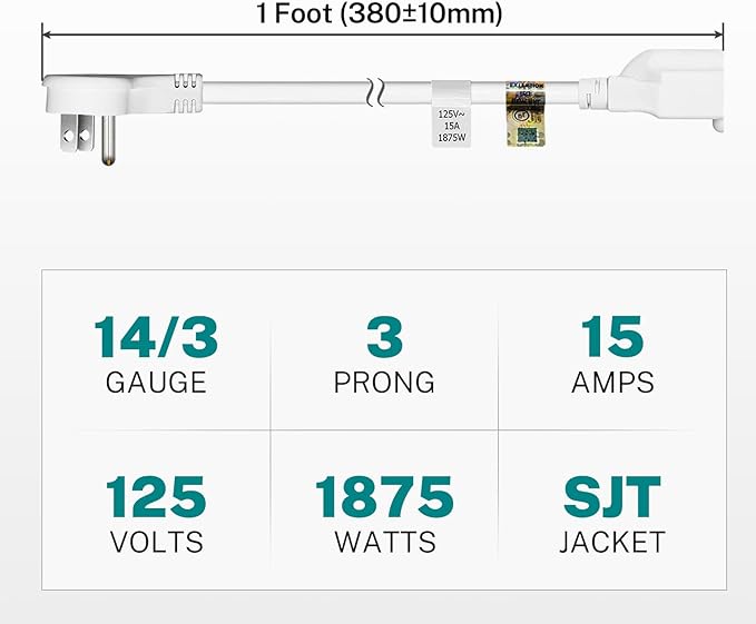 FIRMERST 1875W Low Profile Flat Plug 1Ft Extension Cord 14AWG 15A White