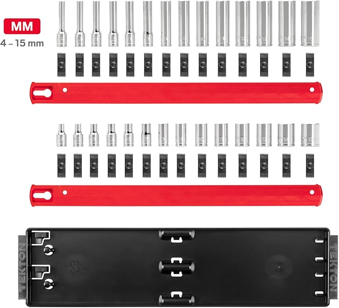 TEKTON 1/4 Inch Drive 12-Point Socket Set with Rails and Tray, 28-Piece (4-15 mm) | SHD90214