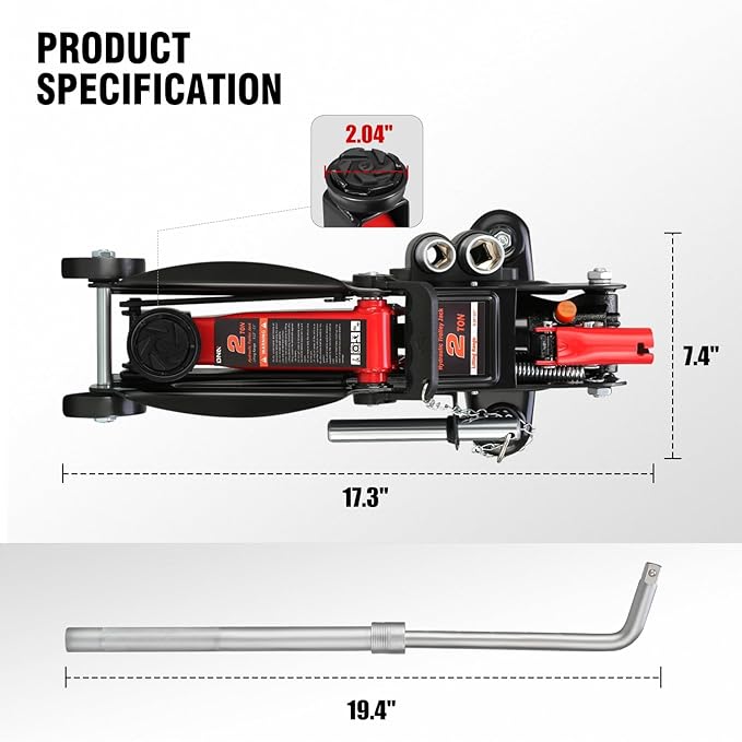 DNA Motoring Floor Jack with Socket and Lock, Low Profile Hydraulic Trolley Jack for Cars Lift, 2 Ton (4000 lbs) Capacity, Lifting Range 5.12"-13", Red, TOOLS-00677-RD