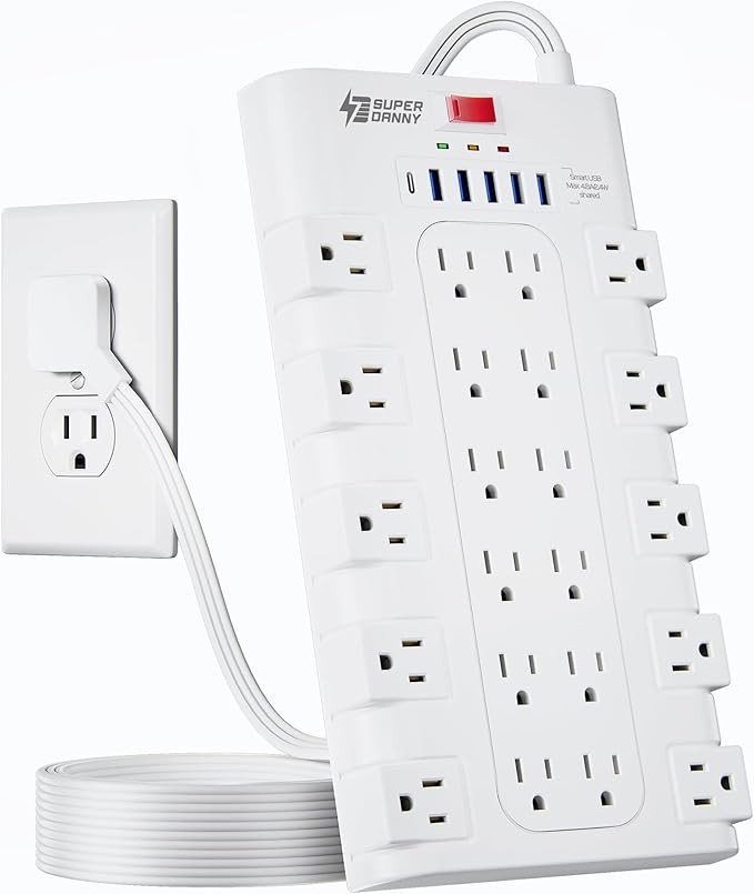 Flat Plug Power Strip, SUPERDANNY Surge Protector with 22 AC Outlets and 6 USB Charging Ports, 1875W/15A, 2100 Joules, 6.5Ft Heavy Duty Extension Cord for Home Office, Dorm, Gaming Room, White