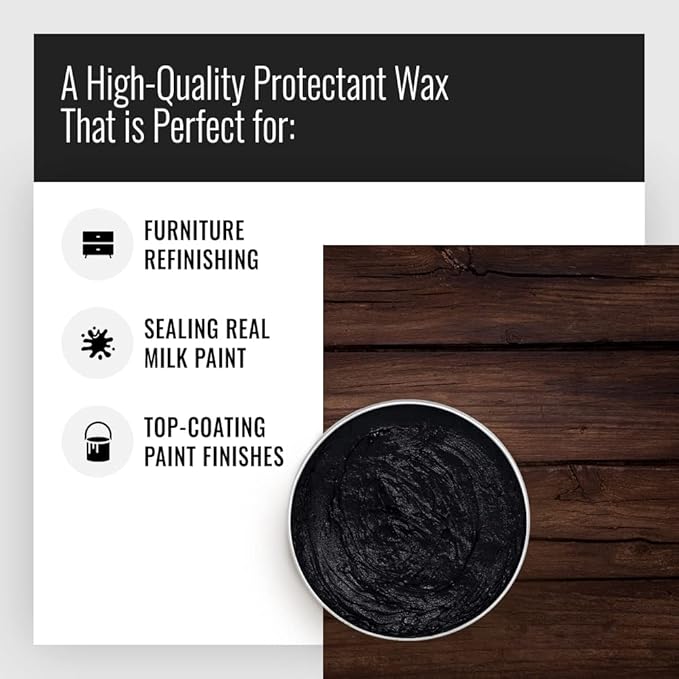Real Milk Paint, Soft Finishing Wax Sealant for Painted Furniture, Paint Sealer Topcoat for Cabinets, Unfinished Wood Decor, Beeswax, Matte Ebony, 16 oz.