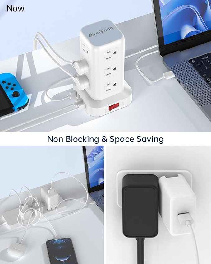 AnnTane Surge Protector Power Strip 10 FT Cord, Power Strip Tower with 4 USB Ports (1USB C), Extension Cord with 12 AC Multiple Outlets, Home Office Supplies Desk Accessories, Dorm Room Essentials