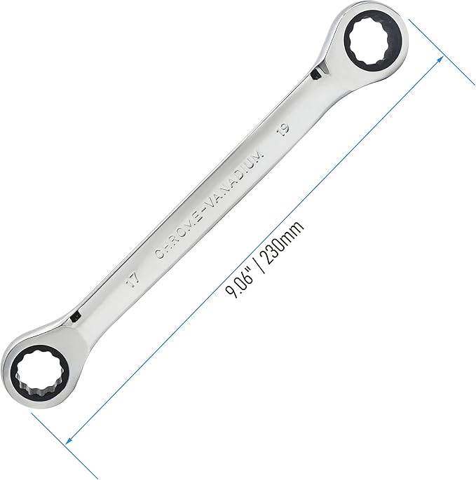 Double Box End Ratcheting Wrench 17mm x 19mm Metric 72 Teeth 12 Point Ratchet Gear Spanner Tools, Heat-Treated CR-V(19mm=3/4-Inch)