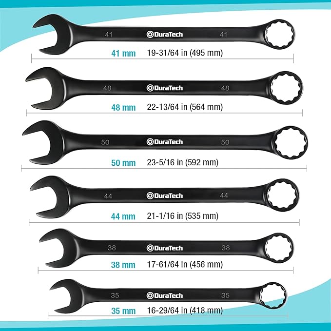 DURATECH Jumbo Combination Wrench Set, Metric, 6-piece, 35-50 mm, CR-V Steel, black electrophoretic coating, with Pouch