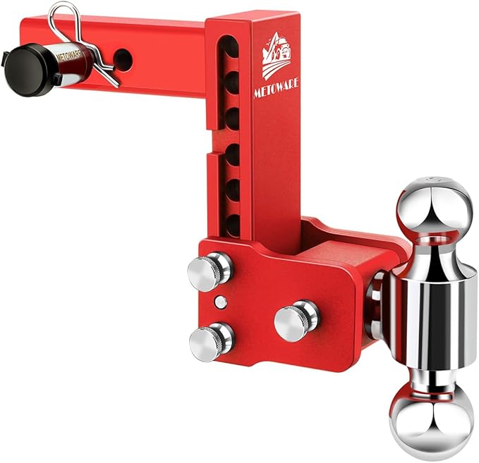 METOWARE Adjustable Trailer Hitches Fits 2 Inch Receiver, Adjustable Ball Mount with 6-Inch Drop/Rise (12,500 LBS GTW), Dual Ball (2'' x 2-5/16'') and Anti-Theft Stainless Steel Trailer Lock (Red)