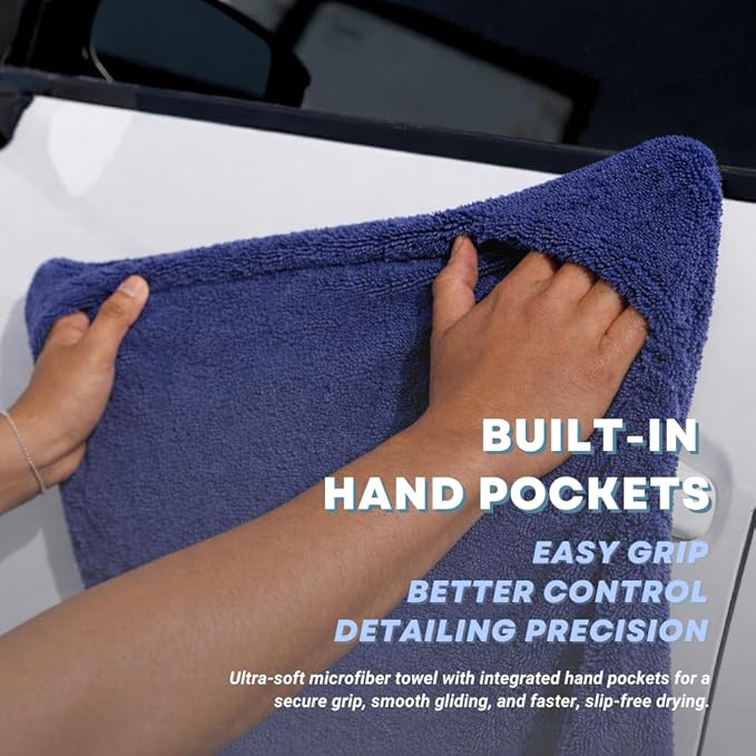 Premium Car Drying Microfiber Towel, Double Sided, Hand Pockets, Easy Grip, 1300 GSM, Super Absorbent, Ultra Soft, Detailing, Cleaning, Car Wash - Cars, Trucks, SUVs (Medium - 2-Pack)