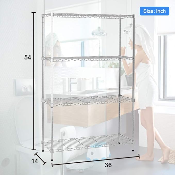 BestOffice Adjustable Wire Shelving Storage Shelves Heavy Duty Shelving Unit for Small Places Kitchen Garage (Chrome, 36×14×54)