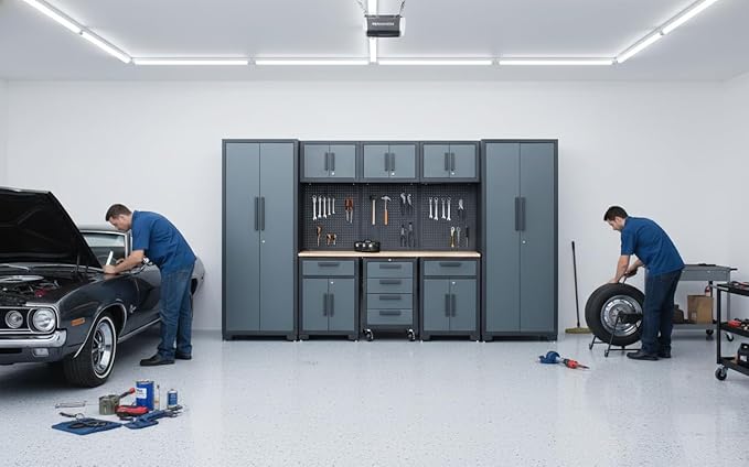 Garage Storage Cabinet System, 9PCS Tool Chest Workbench Storage System in Black, Included Steel Cabinets Drawers Rolling Chest and Pegboard,Locked Garage Storage Cabinet,Grey Handle