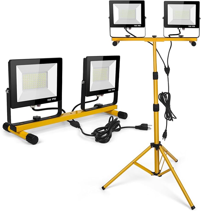 LED Work Lights with Stand, 21000 Lumen, 2-Head Adjustable Work Light, Waterproof Foldable Tripod, 6,500 Kelvin, Extended Cord for Outdoor & Indoor Job Sites, Workshops, Construction, Garage Lighting
