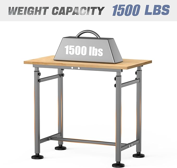 WALMANN Heavy Duty Adjustable Height Workbench 32" x 18", Rubber Wood Top Work Table for Garage, Workshop, 1500 lbs Load Capacity