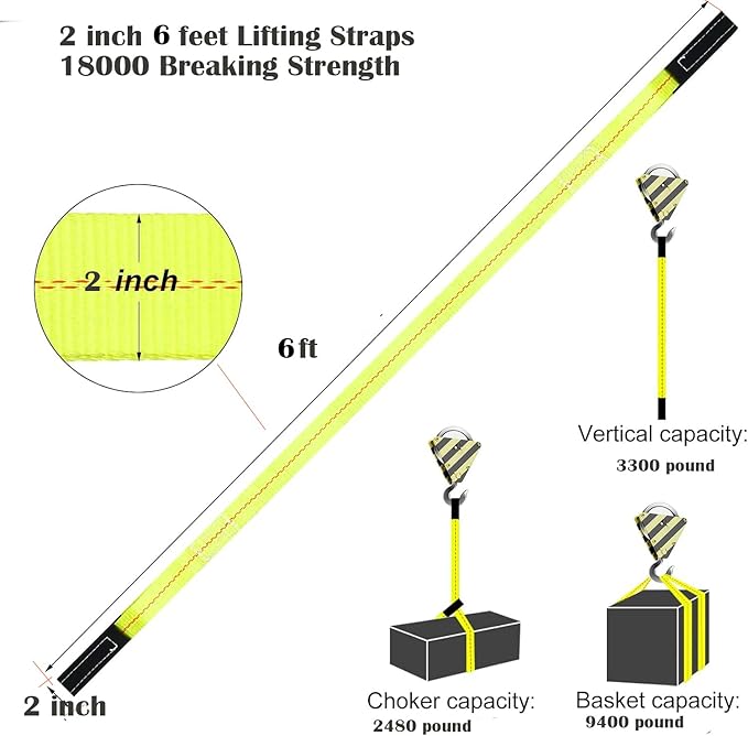 2 "x6' Tow Strap Heavy Duty Lift Sling with Reinforced Loops Vehicle Recovery Rope 10,000 lbs Pound Capacity,1 Pack