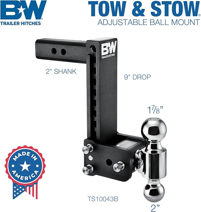 B&W Trailer Hitches Tow & Stow Adjustable Trailer Hitch Ball Mount - Fits 2" Receiver, Dual Ball (2" x 2-5/16"), 9" Drop, 10,000 GTW - TS10043B