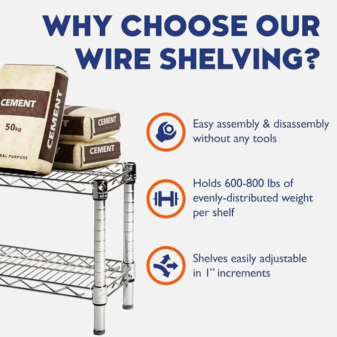 Shelving Inc. 8" d x 24" w Chrome Wire Shelving with 2 Tier Shelves, Weight Capacity 800lbs Per Shelf