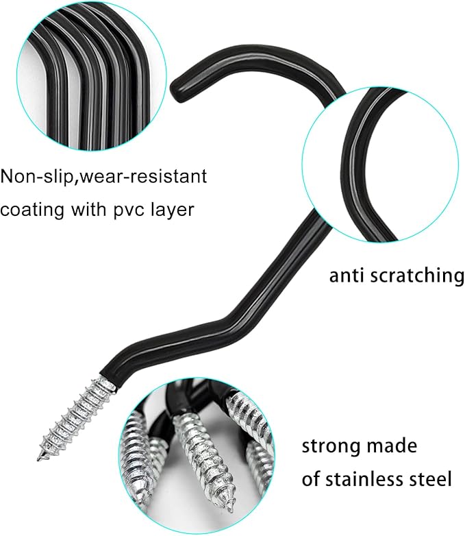 Scartink 6PCS Black Heavy Duty Bike Storage Hooks Bicycle Wall Mounted Hooks Large Screw Hooks for Wall,Ceiling