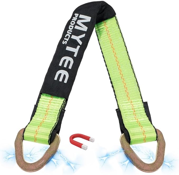 Mytee Products 2" x 36" Heavy Duty Green Tie Down Axle Straps with Magnetic D-Ring and 12" Protective Sleeve, 10,000LBS Capacity - for Car Trailer Hauler Tow Truck Wrecker Wheel Tie Down Strap