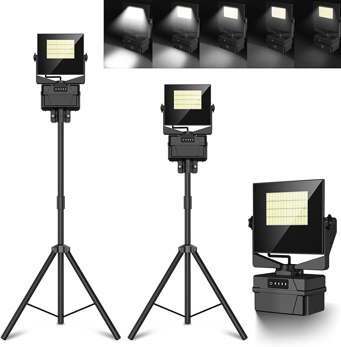 Rechargeable 10000mAh Work Light with Stand 5 ft Max Height, Cordless Work Light Dimmable 10000 Lumens Tripod Work Light Construction Essentials Gear Emergency floodlight with Detachable Tripod