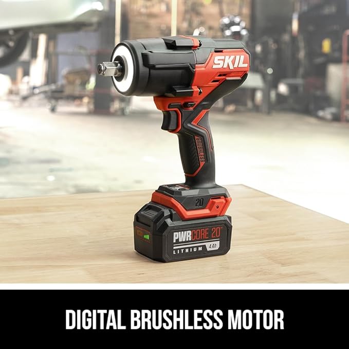 SKIL PWR CORE 20 Brushless 20V 1/2-Inch Mid-Torque Impact Wrench Kit, Includes 4.0 Ah Battery and Auto PWRJump Charger- IW5761B-10