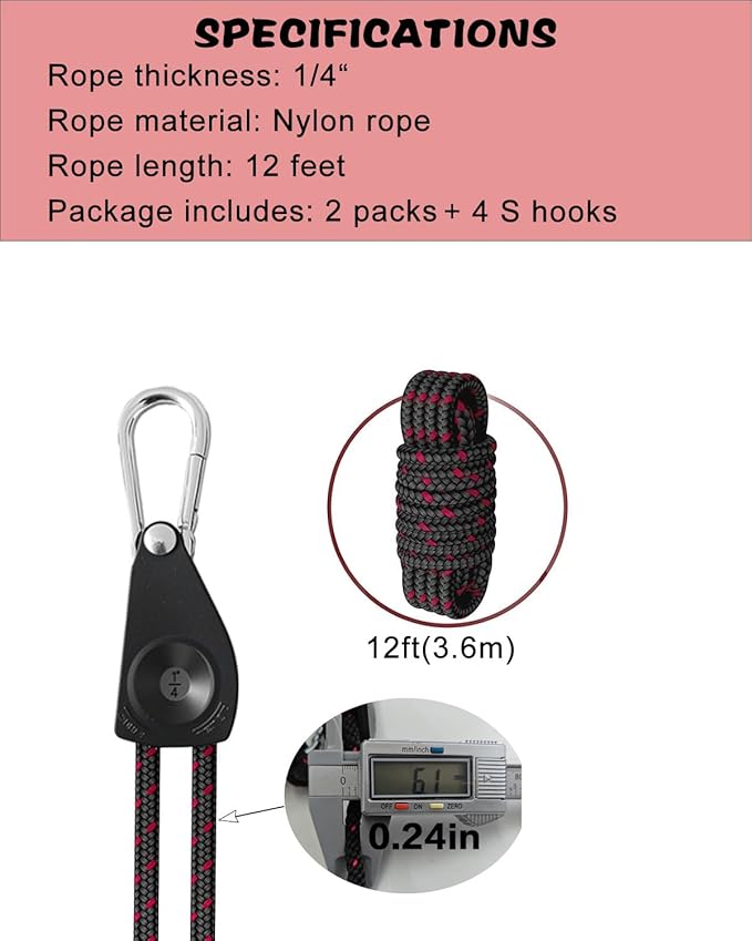Rope Tie Downs, 1/4" (6mm) Adjustable Ratchet Straps(2pcs, 12ft/Pack), Rope Pulley System for Kayak Fixation, Freight Transportation, Trucks, Tents, Hanging Plants and Various Tie-Down Uses