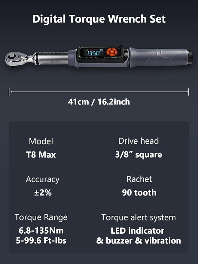 Goseek Upgraded Rechargeable Digital Torque Wrench, 5-99.6 Ft-lbs/6.8-135Nm, 3/8'' Drive Electric Torque Wrench Set with Buzzer & Colorful LED & Vibration for Car Motor Tire Repair