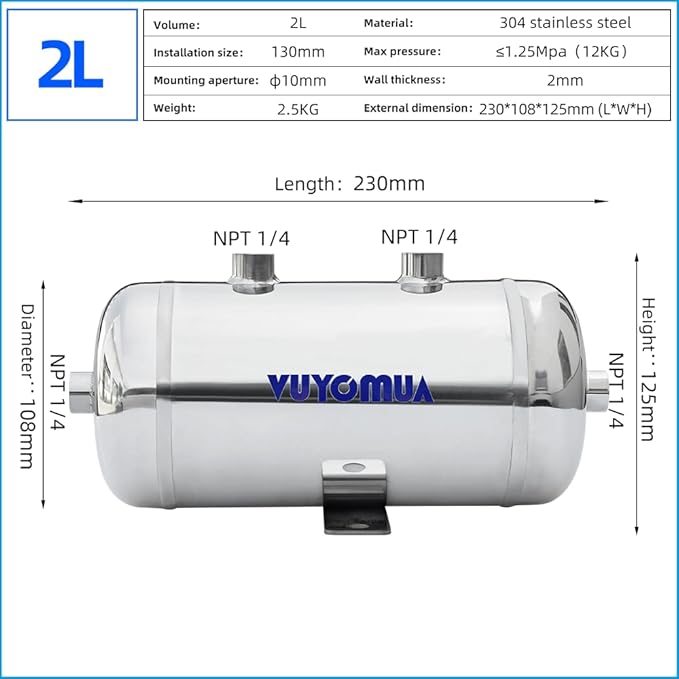 1/4" NPT Air Compressors 0.5 Gallon Stainless Steel Portable Air Compressor Max 180PSI Air Reservoir Water Storage Tank for Truck, Car, Air Horn, Inflating Tires, Air Ride