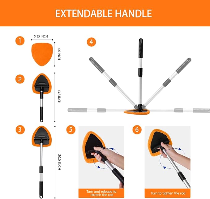 11pcs Windshield Cleaner Tool, Car Window Cleaning Wash Kit with 6 Reusable Microfiber Pads 2 Spray Bottles and Extendable Handles Auto Glass Wiper Kit, Orange