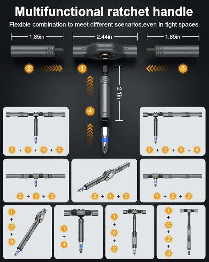 Magnetic Screwdriver Set, Portable Mini Flexible Combination Ratchet Screwdriver Set with T Handle, S2 Steel Bits, Repair Tool Kit for Furniture Assembly, Bicycles, Computer, DIY