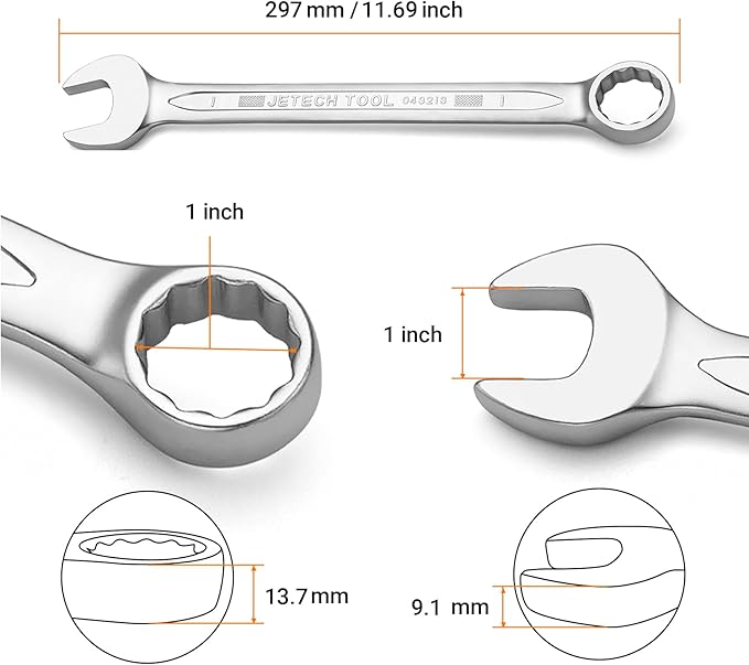Jetech 1 Inch Combination Wrench - Industrial Grade Spanner with 12-Point Design, 15-Degree Offset, Made with Durable Chrome Vanadium Steel in Sand Blasted Finish, Forged, Heat-Treated, SAE
