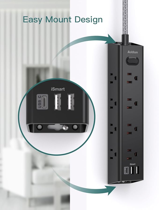 Surge Protector Power Strip - 25 FT Extension Cord, Power Strip with 12 Widely AC Outlet 3 USB, Flat Plug Wall Mount Overload Protection, 1050J, Desk Charging Station for Home Office, ETL Listed,Black