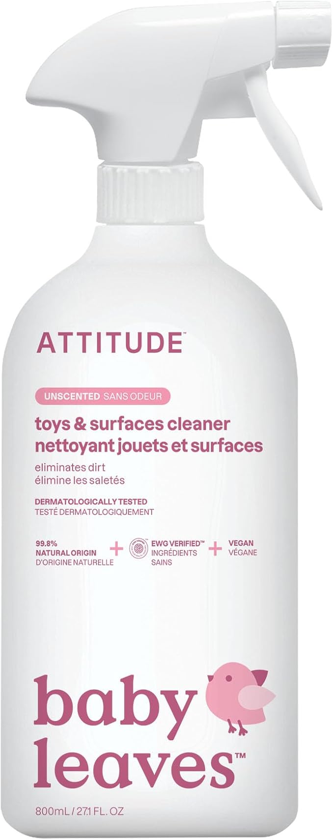 ATTITUDE Baby & Kids Toy Cleaner Spray, EWG Verified, Multi-Surface Cleaner for Toys, High Chairs & Play Areas, Naturally Derived, Vegan, Unscented, 27.1 Fl Oz