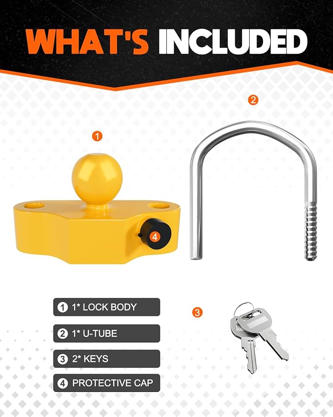 DEEAGLE Trailer Ball Coupler Lock, Heavy Duty Trailer Ball Hitch Lock Fits 1-7/8 Inch, 2 Inch, 2-5/16 Inch Couplers, Hitch Lock with Keys, Yellow