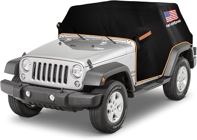NEVERLAND Wrangler Cab Cover Waterproof - 2007-2025 Jeep Wrangler JK JL 2 Door, Half Car Cover Outdoor Oxford with Reflective Strip, Sun Snowproof Cab Car Cover Black